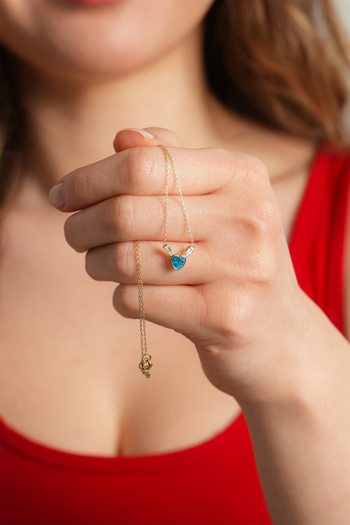 14 Ayar Altın Mavi Kalp Kolye