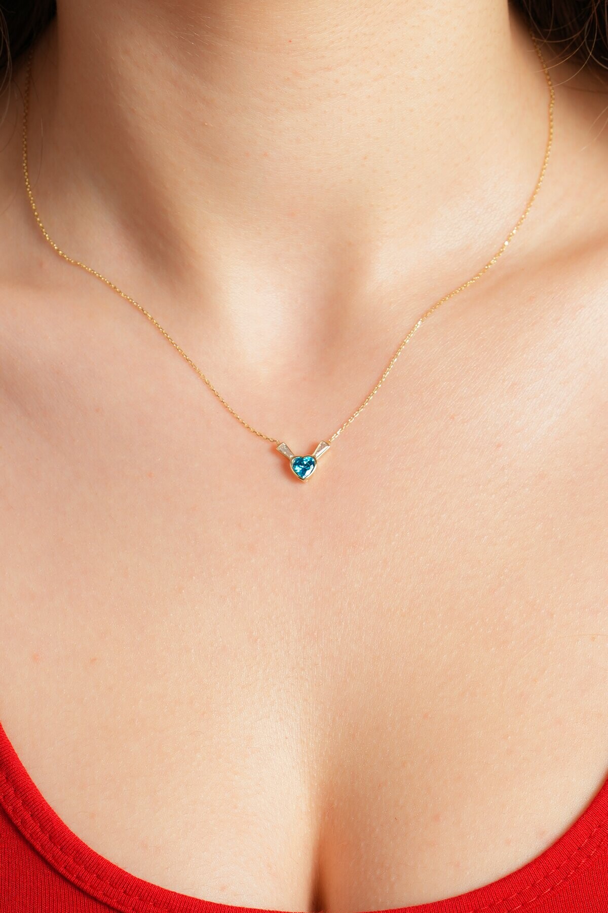 14 Ayar Altın Mavi Kalp Kolye