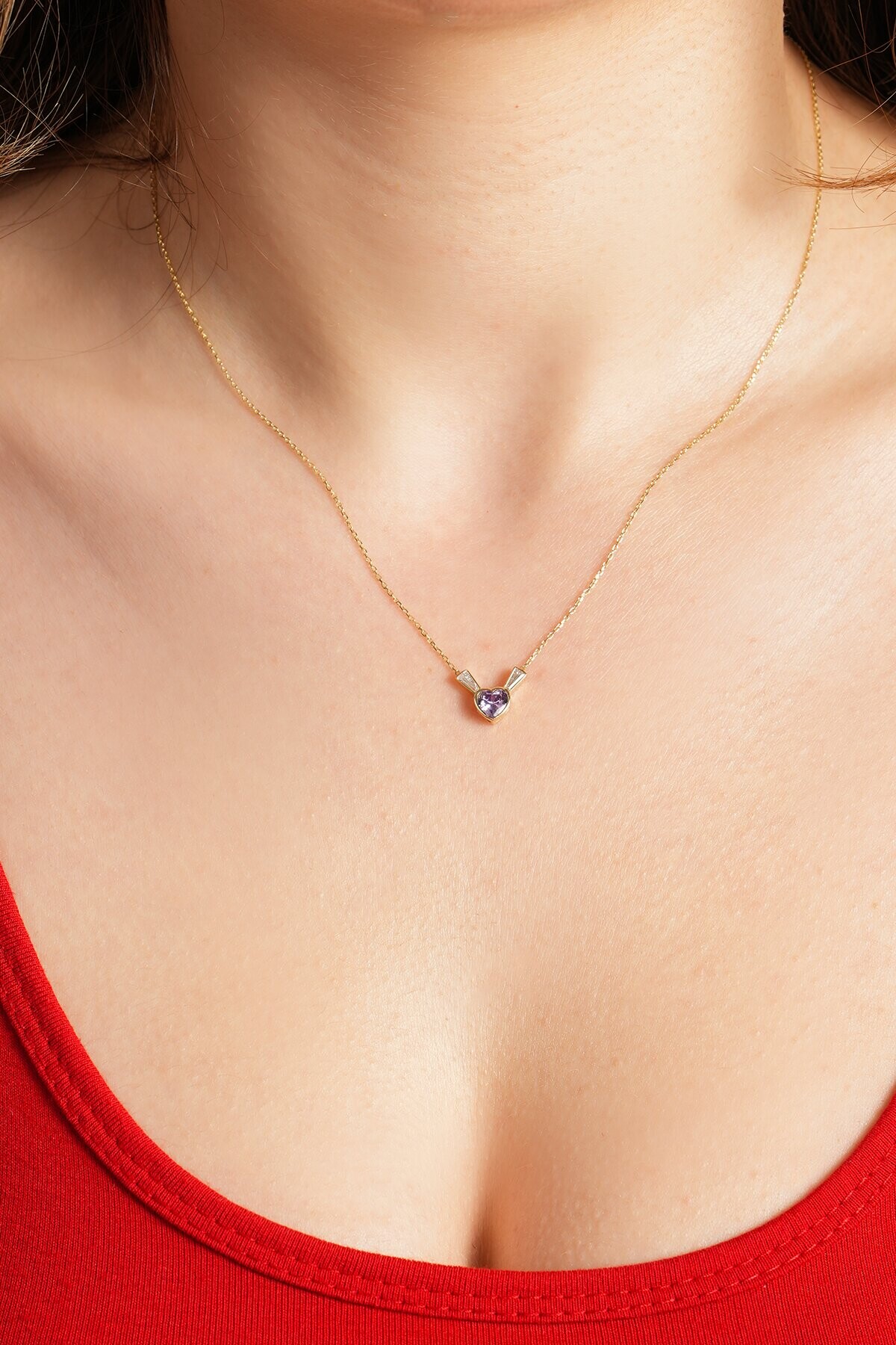 14 Ayar Altın Mor Kalp Kolye