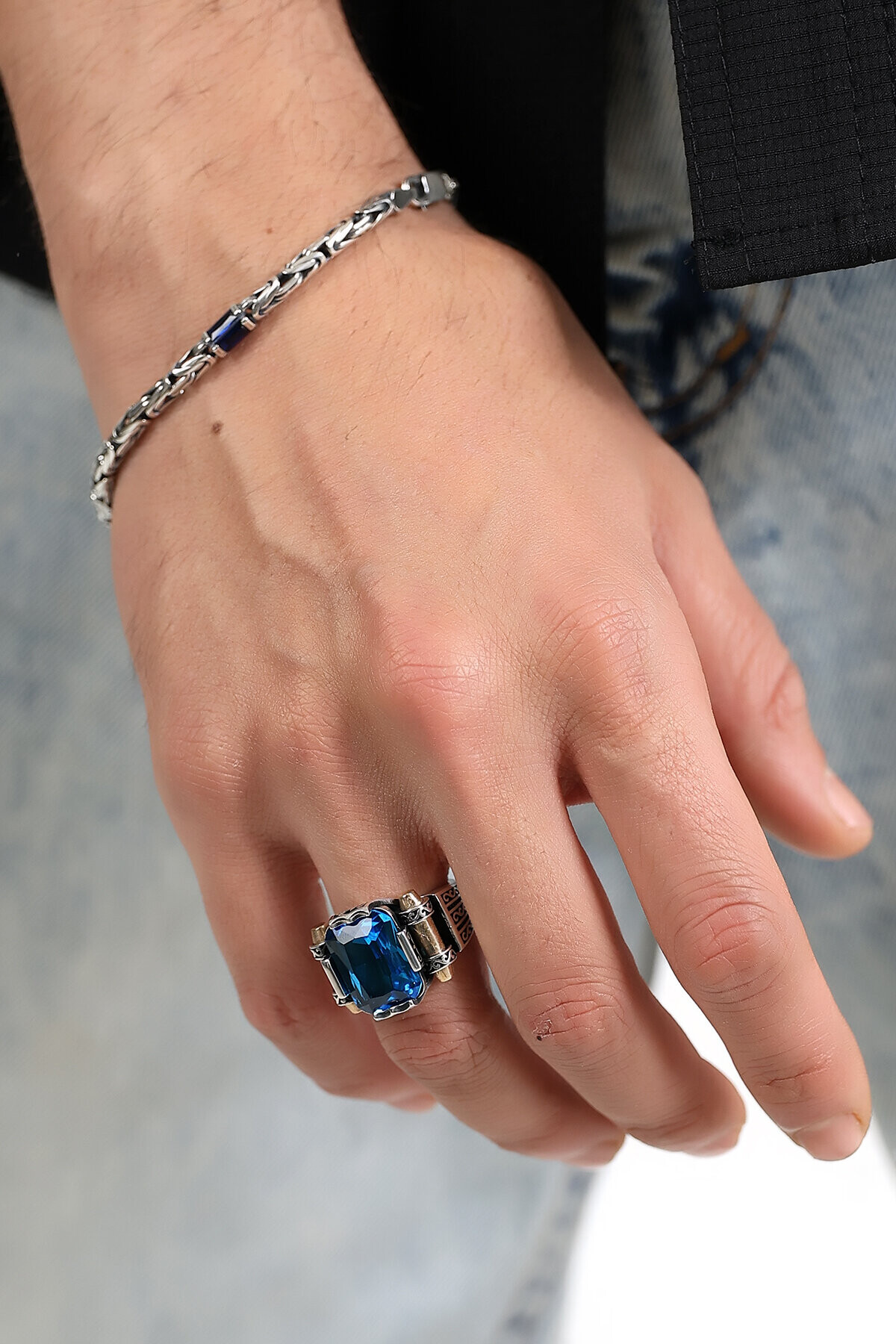 Gümüş Aqua Taşlı Kare Kesim Erkek Yüzük 