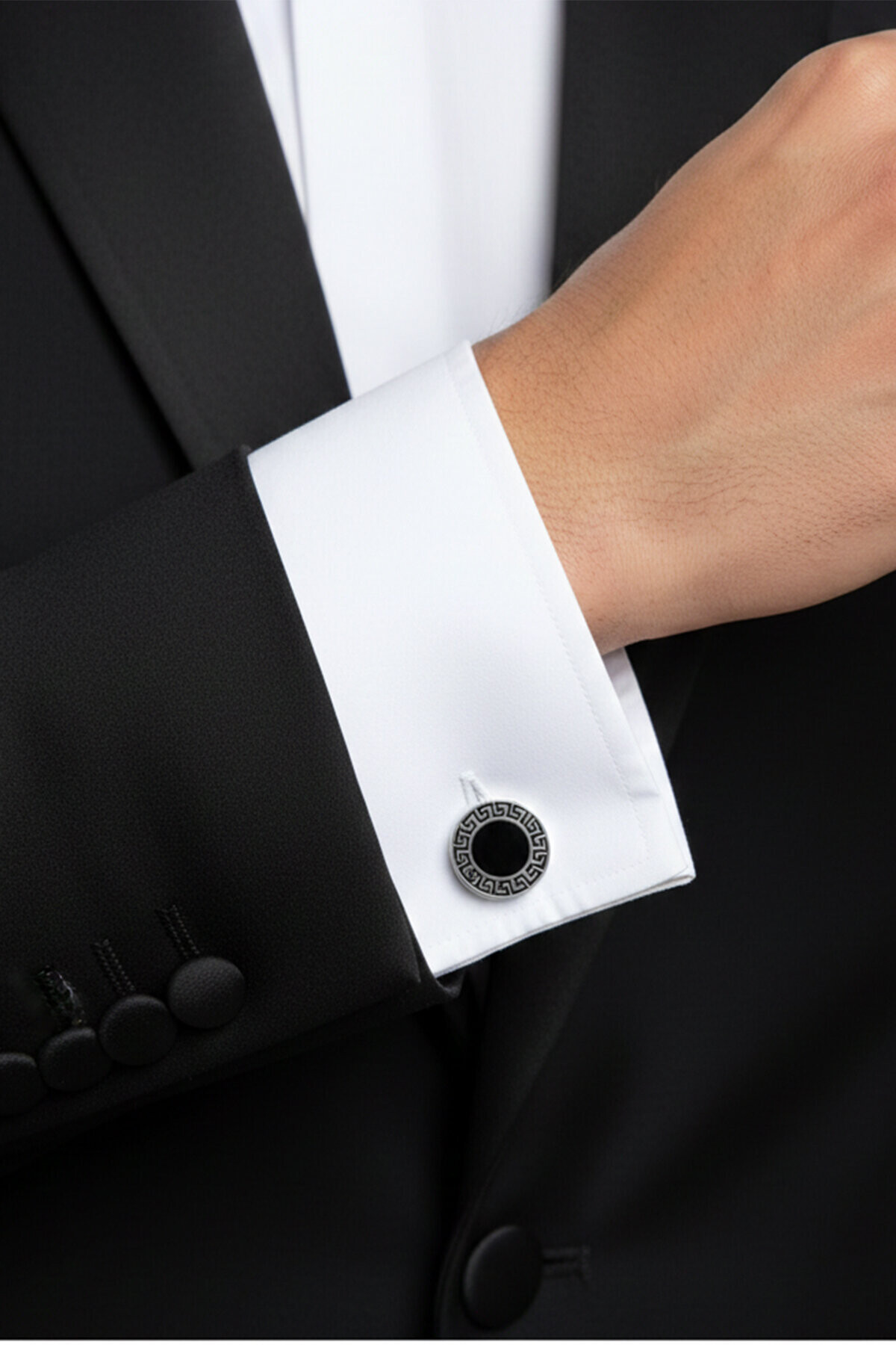 Gümüş Grek Motifli Oval Kol Düğmesi 