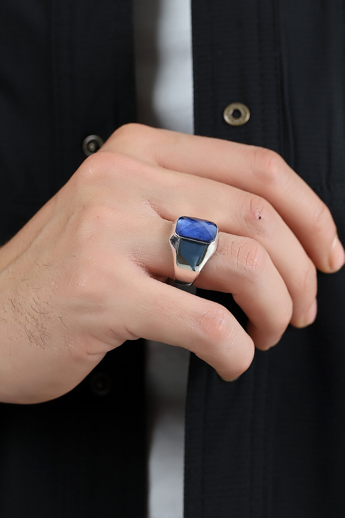 Gümüş Mavi Taşlı Kare Kesim  Şövalye Yüzük 