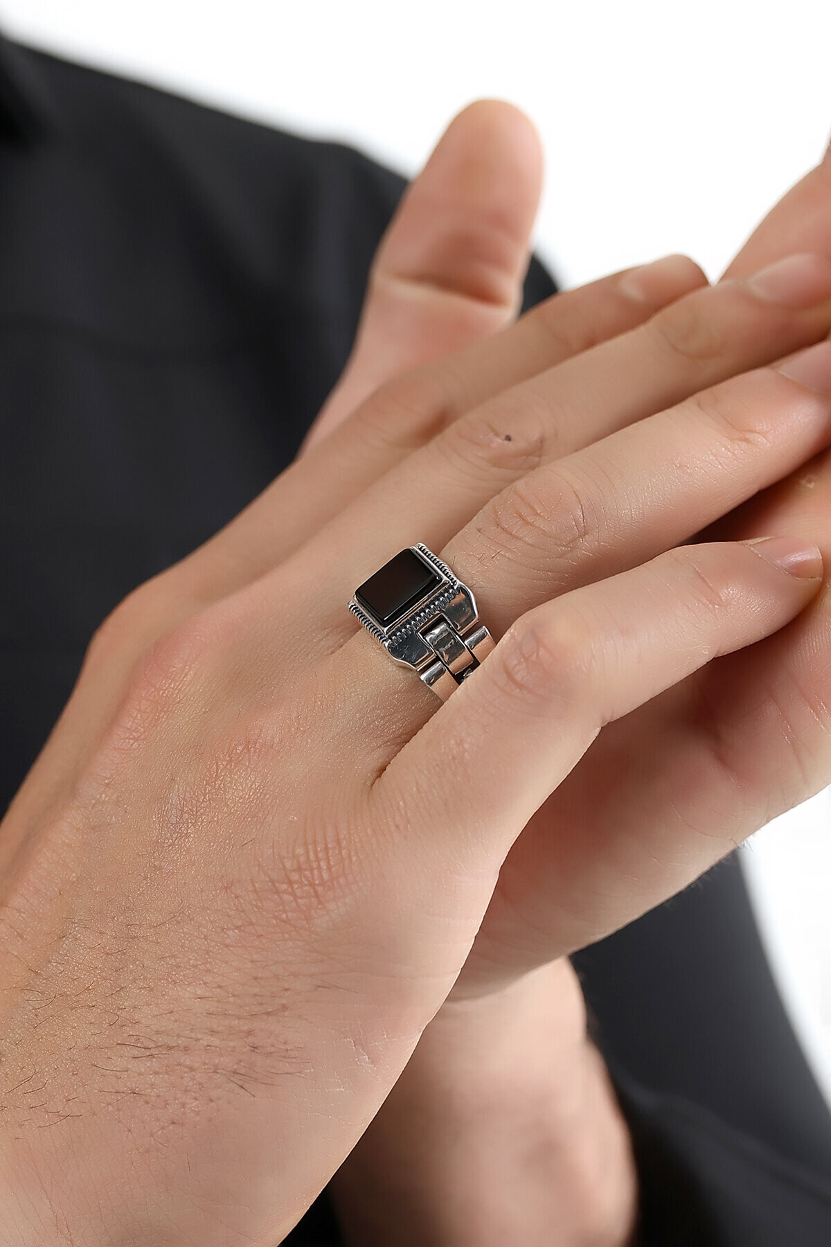 Gümüş Oniks Taşlı Kare Model  Yüzük