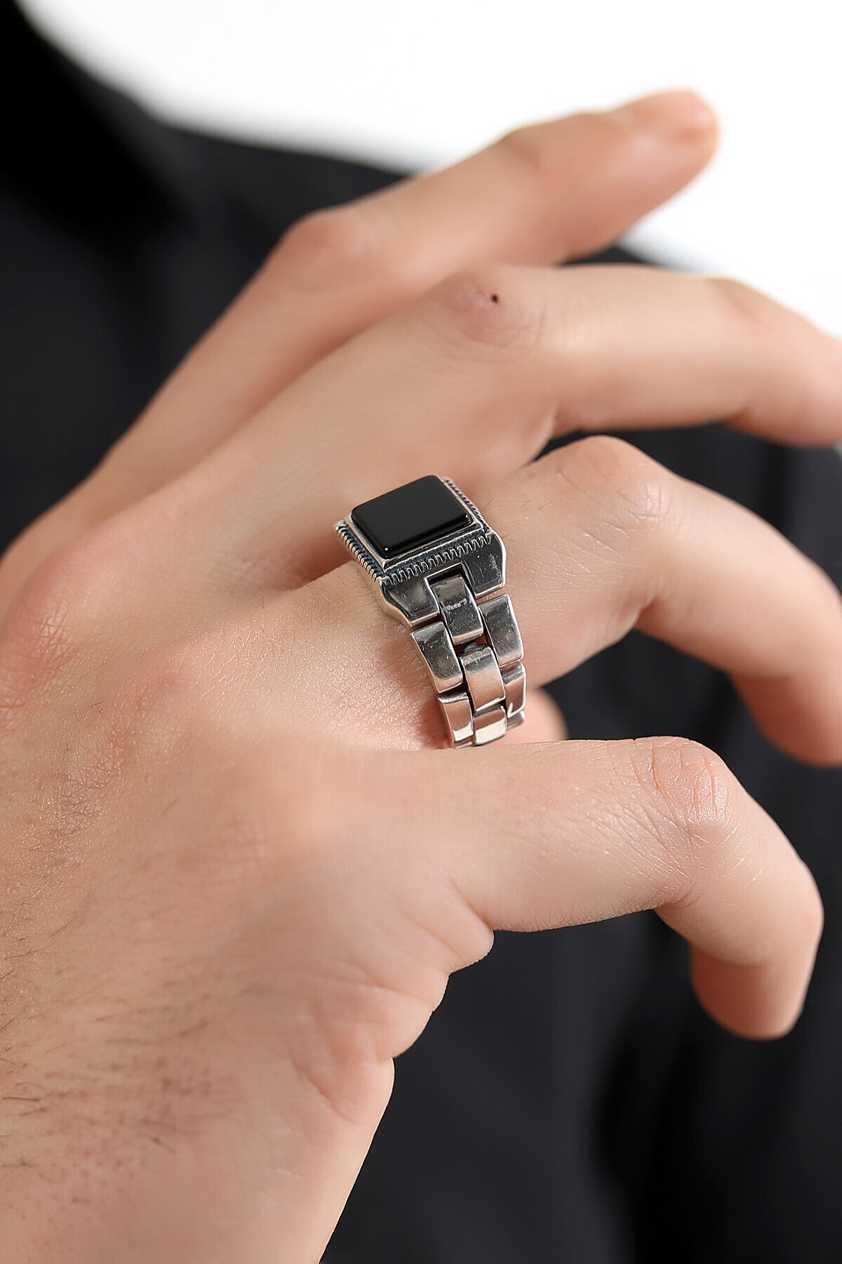 Gümüş Oniks Taşlı Kare Model  Yüzük