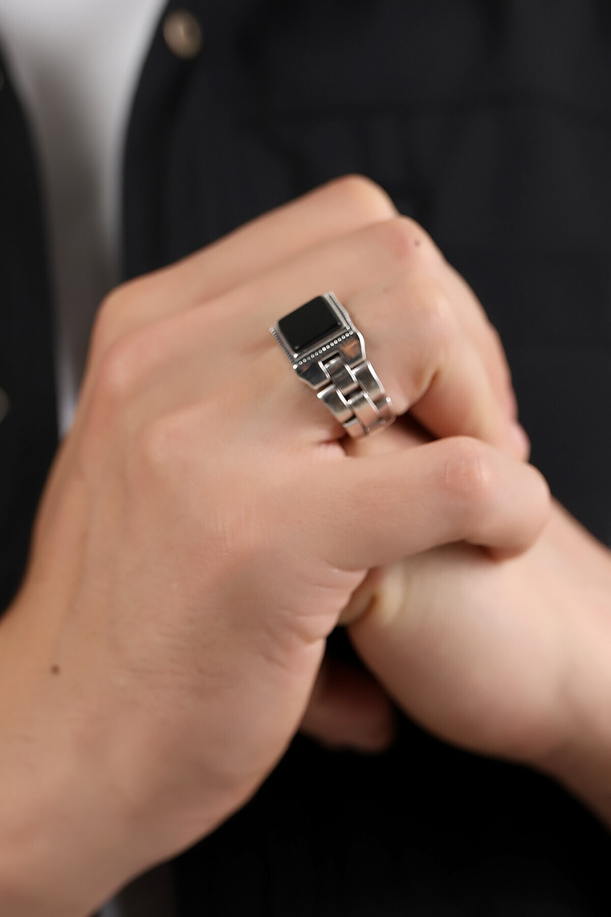 Gümüş Oniks Taşlı Kare Model  Yüzük