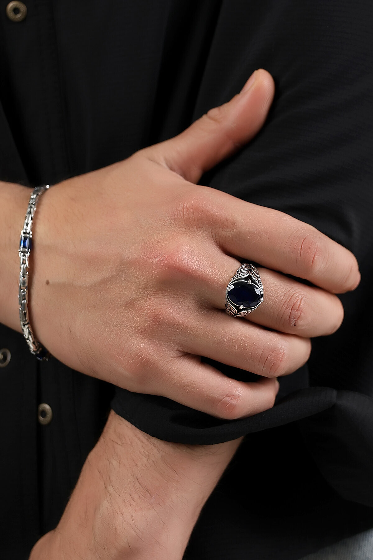 Gümüş Safir Kristal Kesim Erkek Yüzük