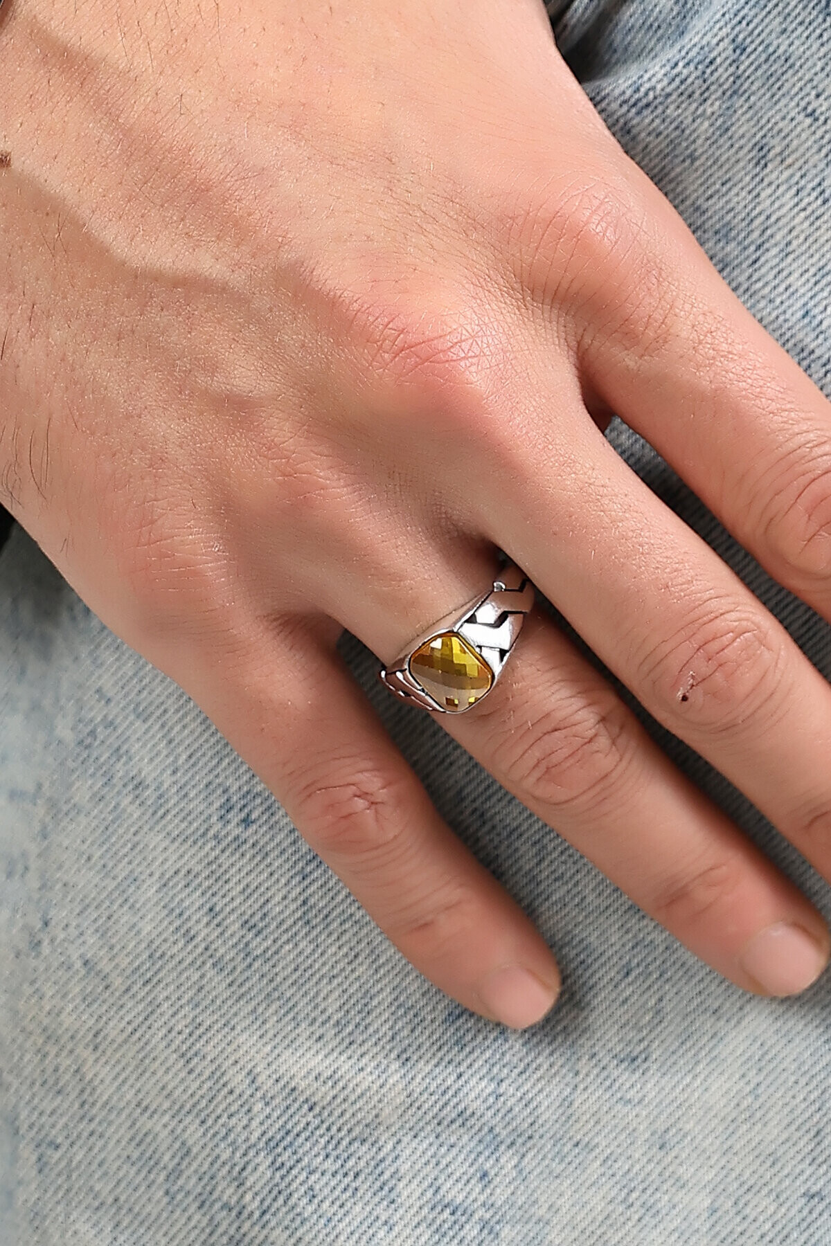 Gümüş Sitrin Taşlı Zincir Kollu Yüzük