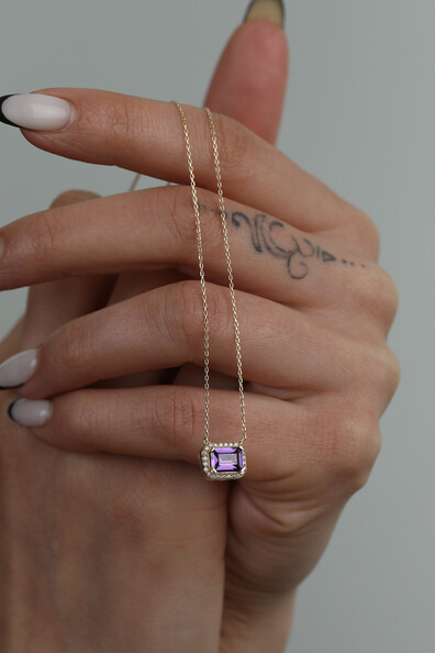 14 Ayar Altın Baget Kolye (Amatist)