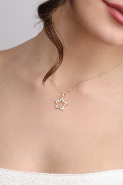 14 Ayar Altın Bagetli Yıldız Kolye