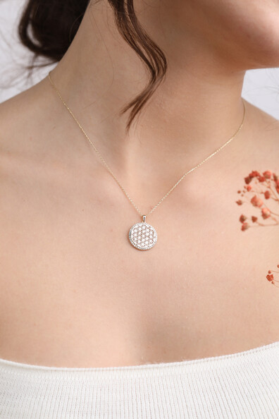 14 Ayar Altın Çerçeve Taşlı Lotus Kolye