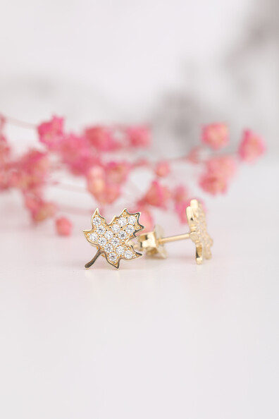 14 Ayar Altın Çınar Yaprağı Küpe