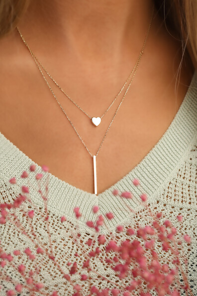 14 Ayar Altın Çubuk ve Kalp Kolye