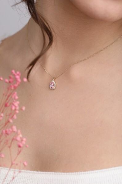 14 Ayar Altın Şampanya Damla Taş Kolye