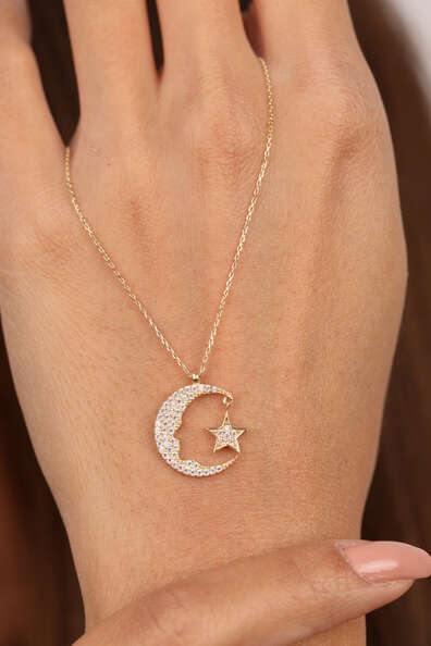 14 Ayar Altın Taşlı Ay Yıldız Ve Atatürk Silüeti Kolye