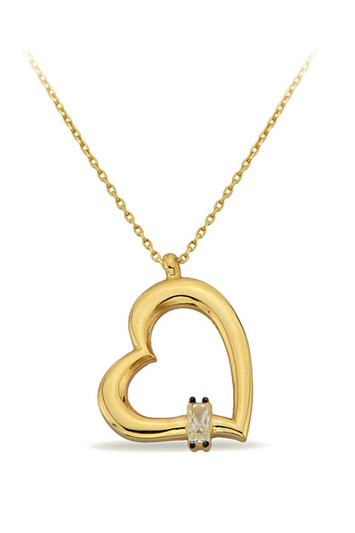 14 Ayar Altın Baget Tasli Kalp Kolye