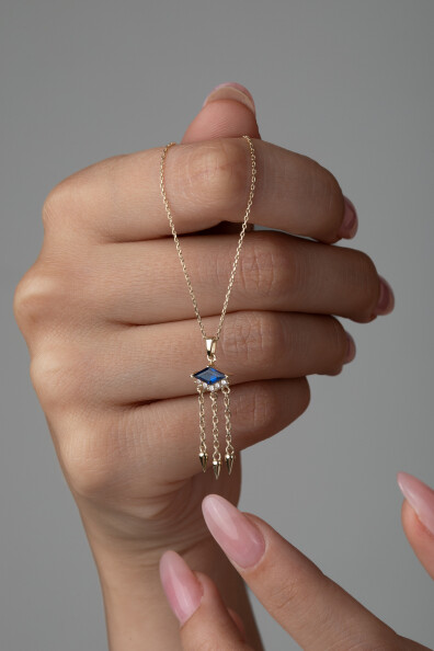 14 Ayar Altın Lacivert Taş Zincir Sallantılı Kolye