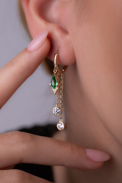 14 Ayar Altın Sallantılı Yeşil Taş Küpe