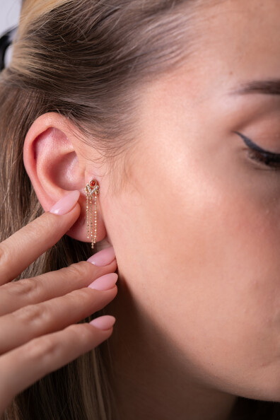 14 Ayar Altın Turuncu Taş Zincir Sallantılı Küpe