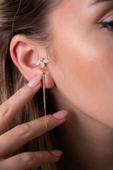 14 Ayar Altın Lotus Zincir Sallantılı Küpe