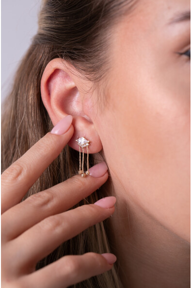 14 Ayar Altın Beyaz Taş Dorika Sallantılı Küpe