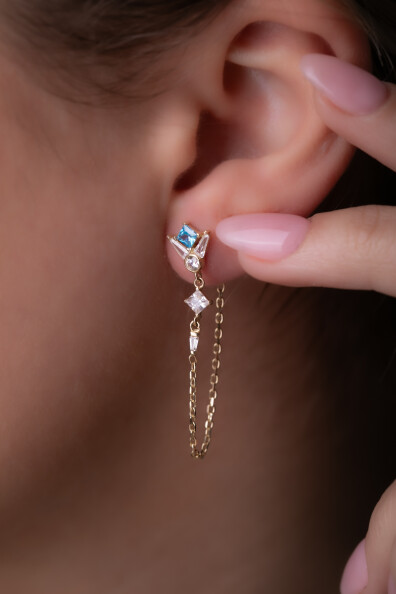 14 Ayar Altın Zincir Sallantılı Mavi Taş Küpe