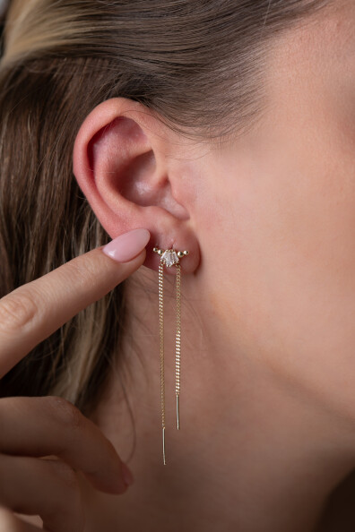 14 Ayar Altın Çift Zincir Sallantılı Küpe