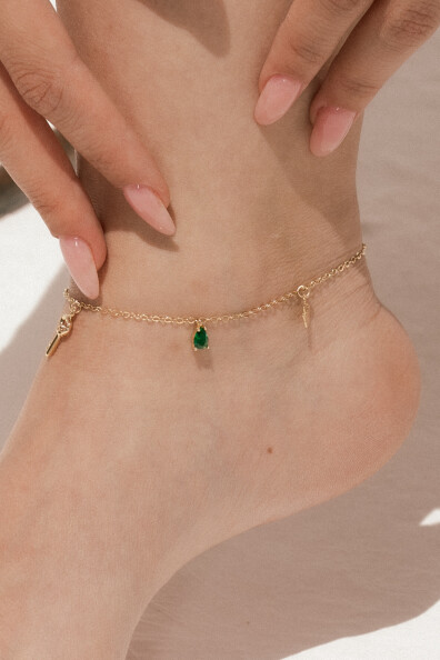 14 Ayar Altın Yeşil Damla Taş Halhal