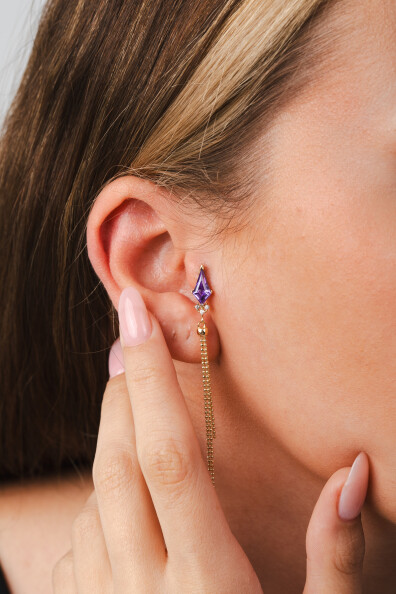 14 Ayar Altın Mor Uçurtma Taş Zincir Küpe