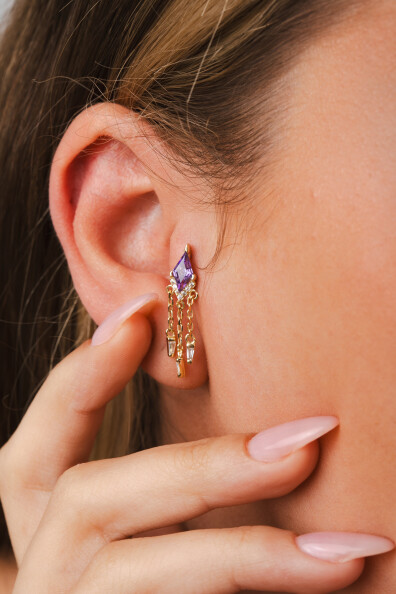 14 Ayar Altın Amatist Taşlı Sallantılı Küpe