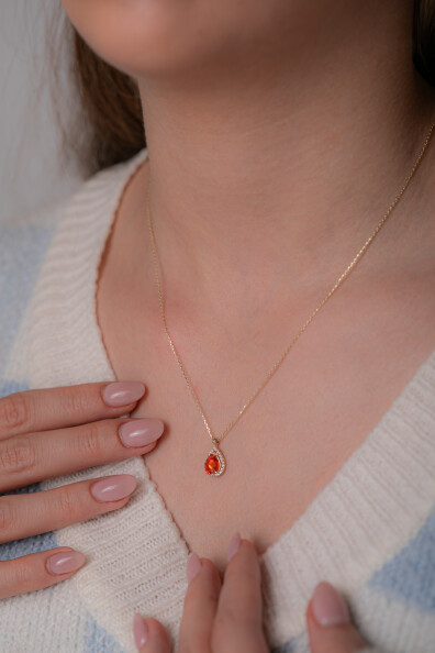 14 Ayar Altın Turuncu Taş Kolye