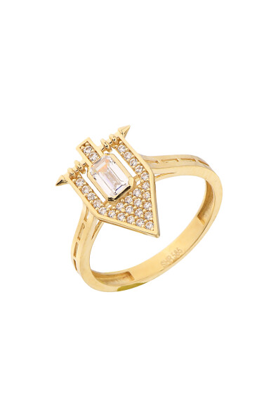 14 Ayar Altın Beyaz Taşlı Üçgen Yüzük