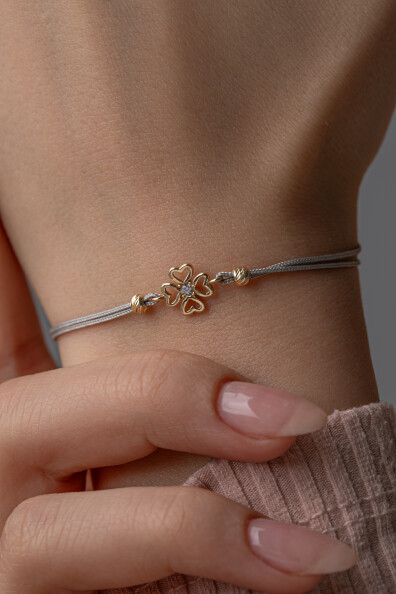 14 Ayar Altın İpli Kalp Yonca Bileklik