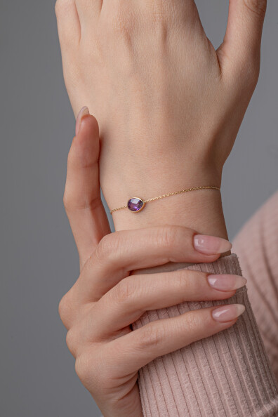 14 Ayar Altın Mor Damla Taş Bileklik