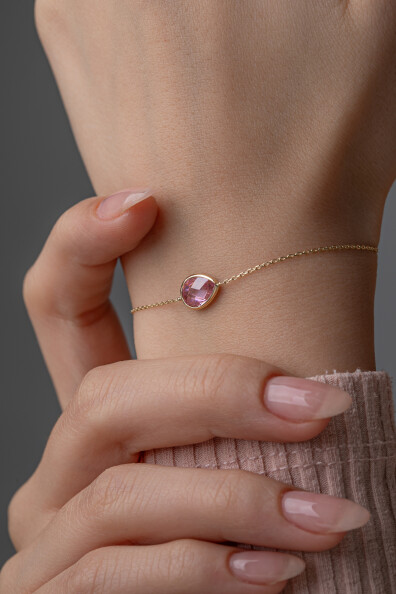 14 Ayar Altın Pembe Damla Taş Bileklik