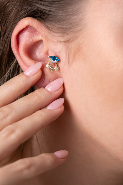 14 Ayar Altın Mavi Taş Sallantılı Küpe