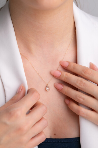 14 Ayar Altın Beyaz Damla Taş Kolye