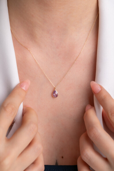14 Ayar Altın Damla Taş Lila Kolye