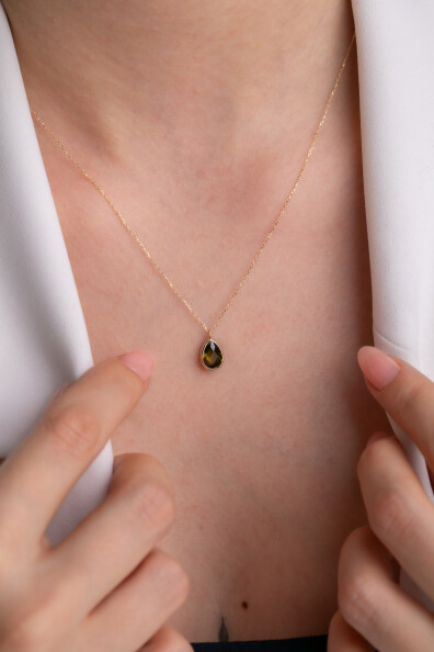 14 Ayar Altın Damla Taş Yeşil Kolye