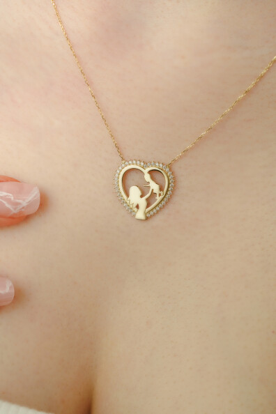14 Ayar Altın Kalpli Anne Çocuk Kolye