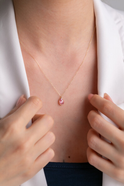 14 Ayar Altın Pembe Damla Taş Kolye