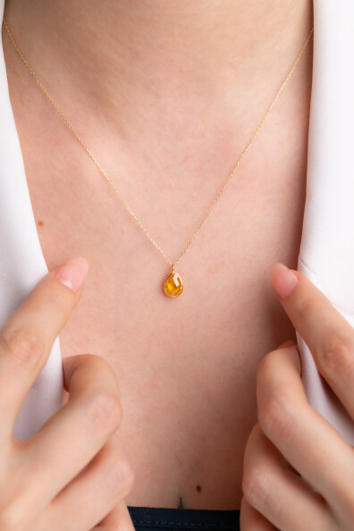 14 Ayar Altın Sarı Damla Taş Kolye