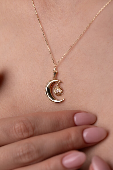 14 Ayar Altın Ay Güneş Kolye