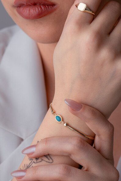 14 Ayar Altın Firuze Taşlı Balıksırtı Bileklik