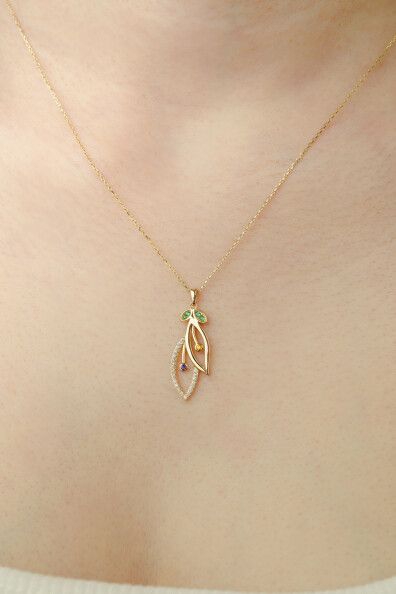 14 Ayar Altın Kiraz Yaprağı Kolye