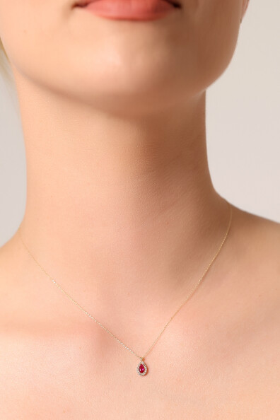 14 Ayar Altın Kırmızı Taş Damla Kolye