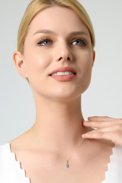 14 Ayar Altın Mavi Taşlı Damla Kolye