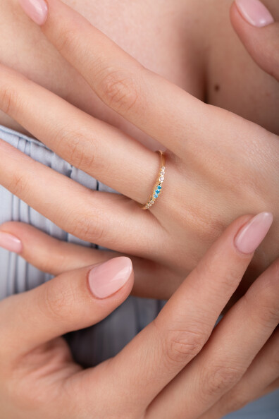 14 Ayar Altın Mavi Taşlı Yüzük