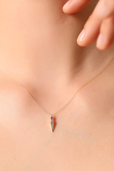14 Ayar Altın Pembe Taş Sivri Uç Kolye