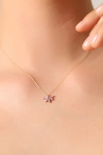 14 Ayar Altın Pembe Taşlı Kolye