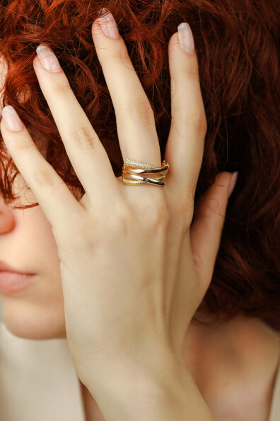 14 Ayar Altın Taşlı 3 Renk Yüzük